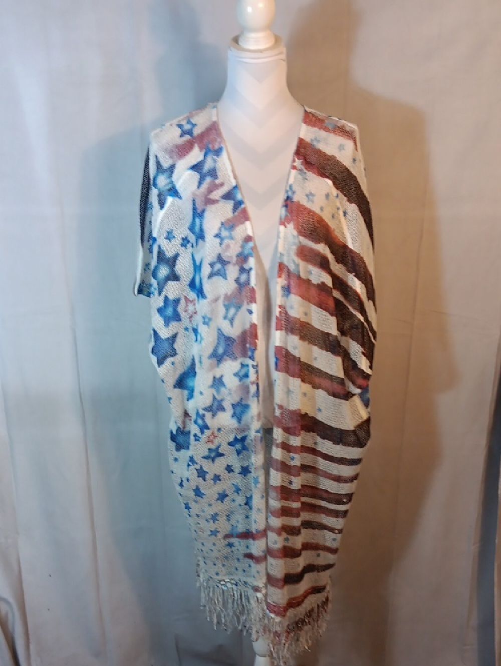 Unity World Wear Open-Knit Lightweight Kimono Coverup in Blue White and Red